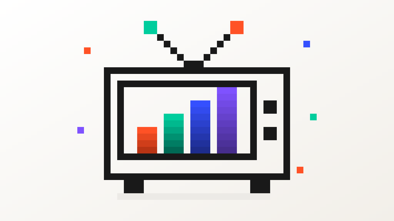 Pixel-art television set with an antenna, showing four coloured ratings bars rising across the screen